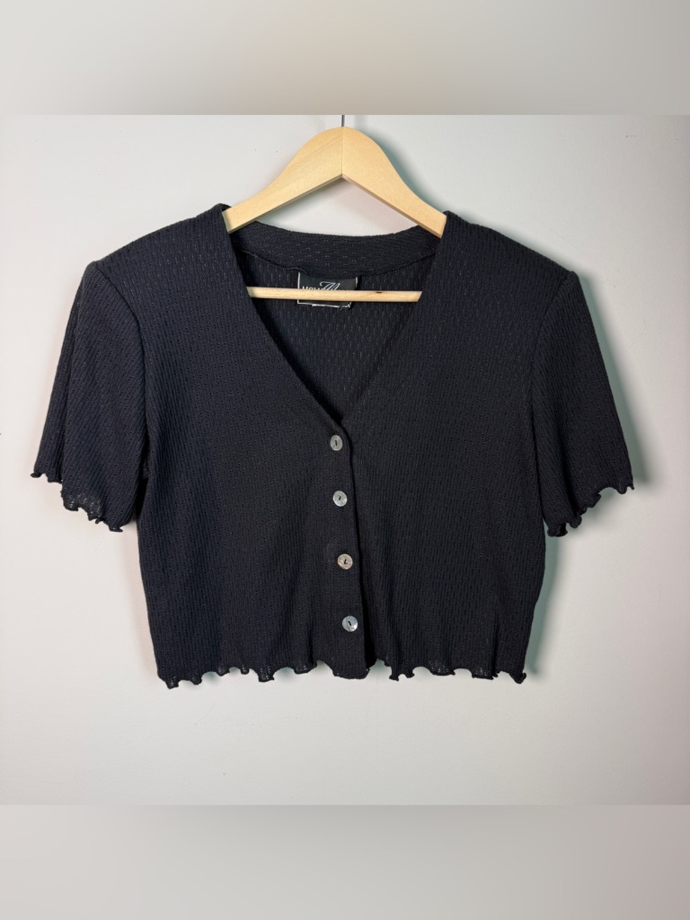 Vintage Molly Malloy | Black Pointelle Crop 90s Babydoll Button Retro Top | S/M
